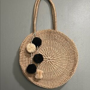 Woven Tan Circle Bag with Black Accents